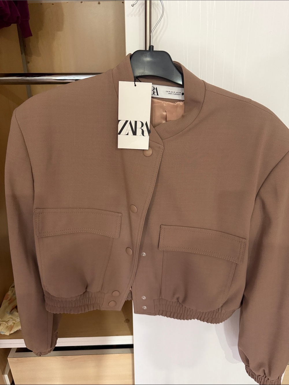 Zara Cropped Bomber Jacket in Taupe Brown
